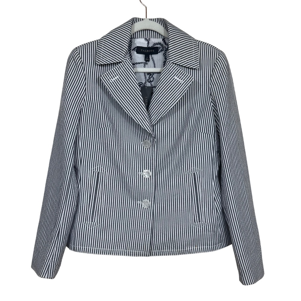 Talbots Seersucker‎ Blazer Jacket Navy White Stripe Womens 2